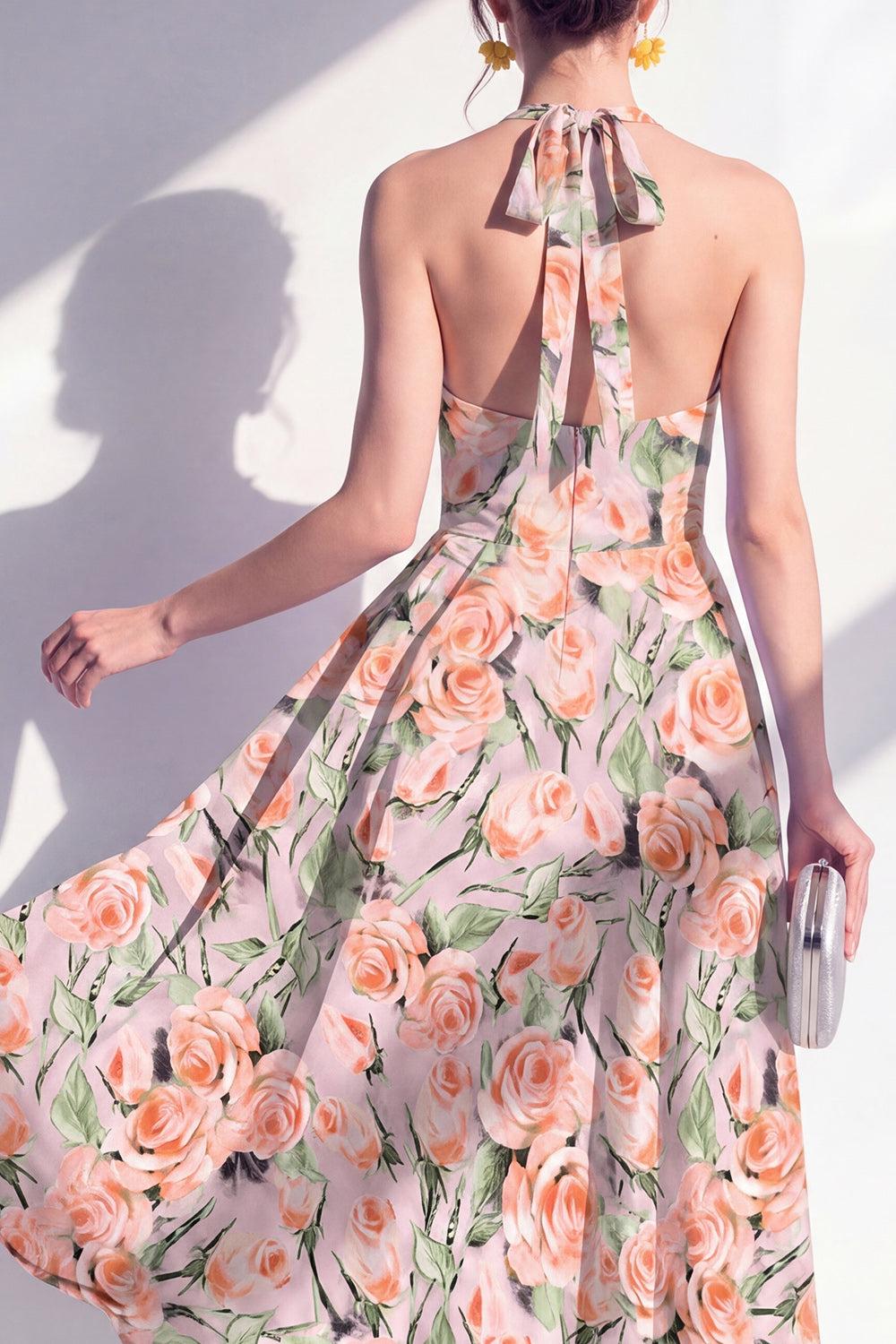 Green Yellow Flower A Line Halter Maxi Beach Wedding Guest Dress