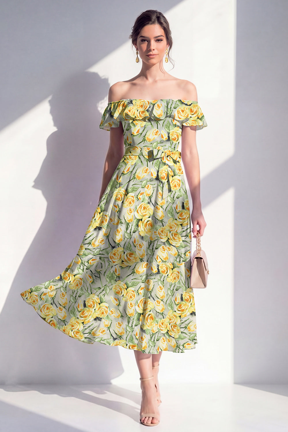 Green Yellow Flower A Line Long Wedding Guest Dress with Ruffles