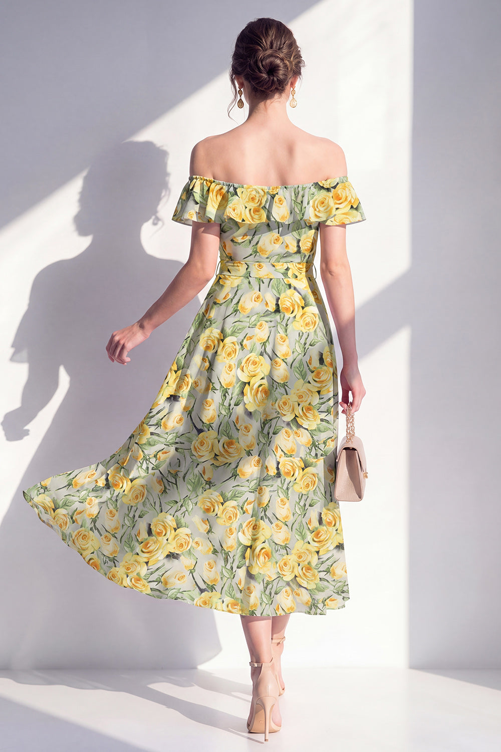 Green Yellow Flower A Line Long Wedding Guest Dress with Ruffles