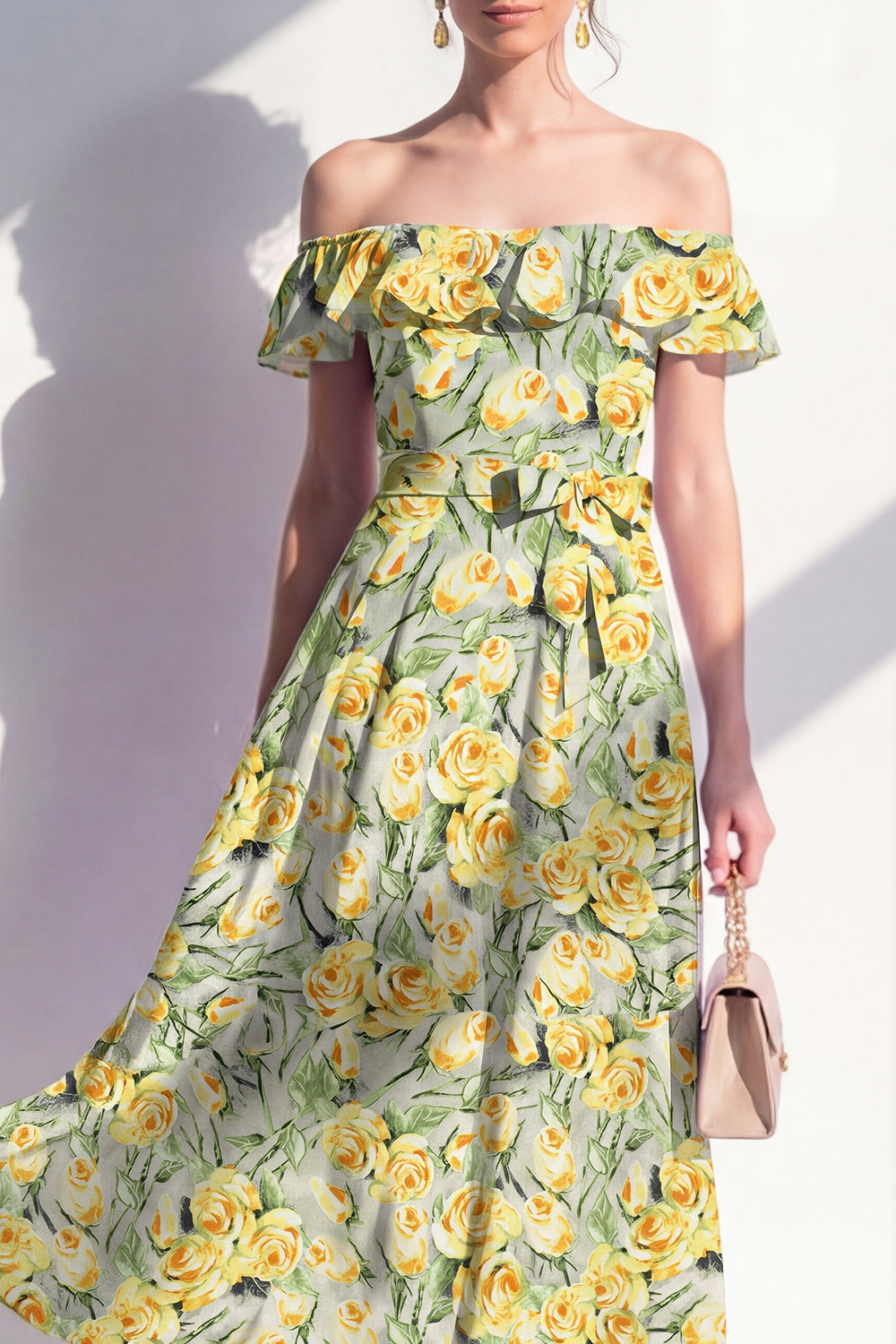 Green Yellow Flower A Line Long Wedding Guest Dress with Ruffles