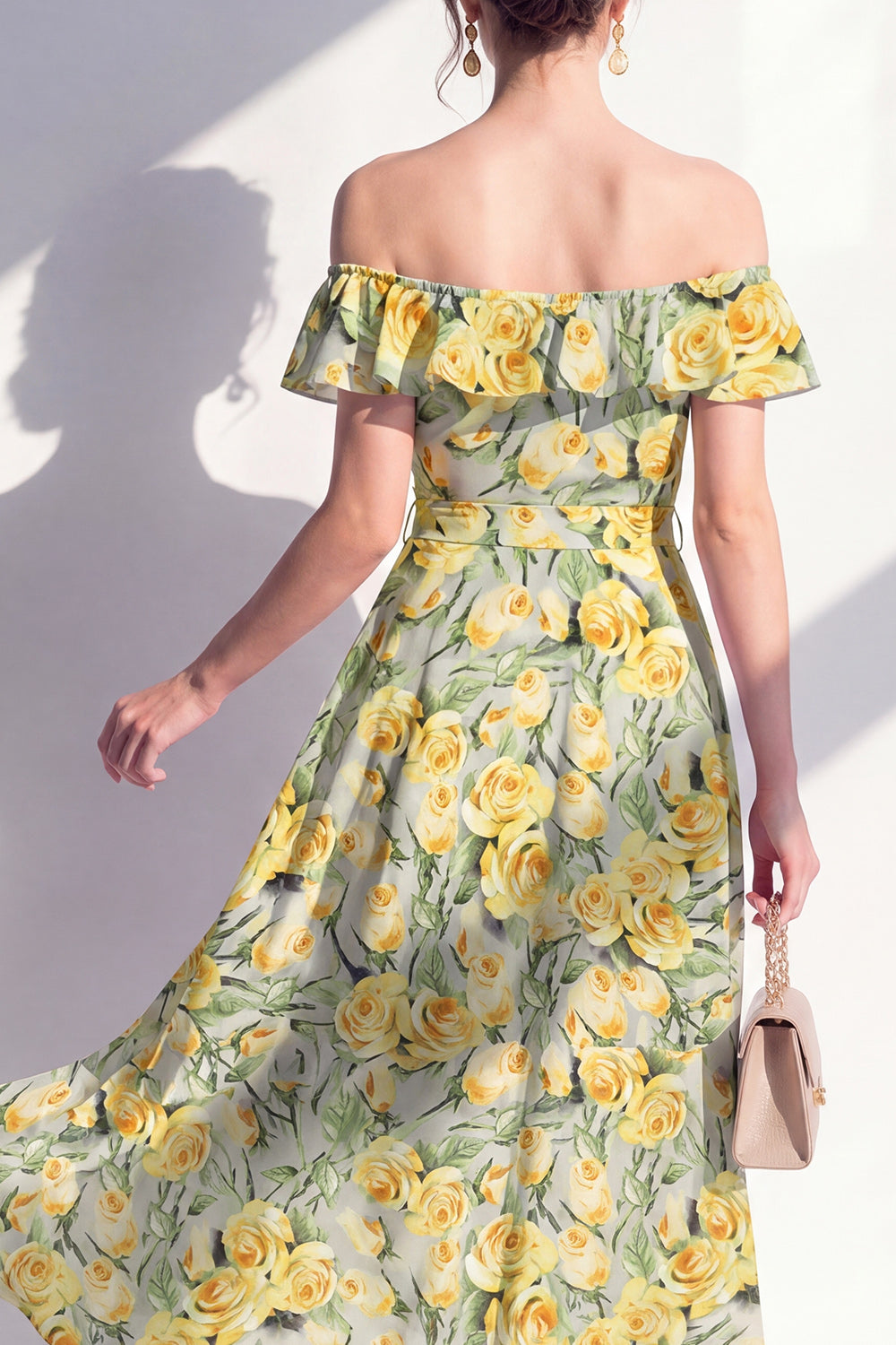 Green Yellow Flower A Line Long Wedding Guest Dress with Ruffles