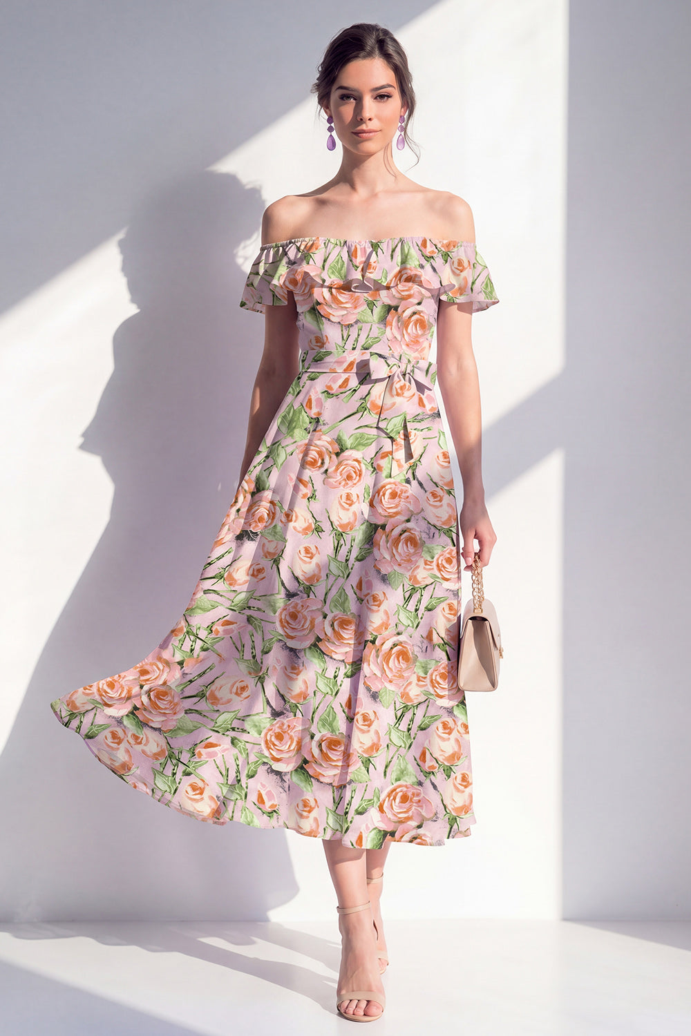 Green Yellow Flower A Line Long Wedding Guest Dress with Ruffles