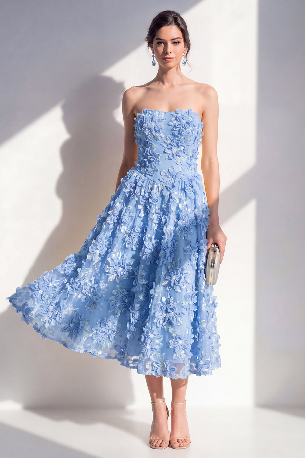 Blue A Line Strapless Maxi Wedding Guest Dress with 3D Flowers