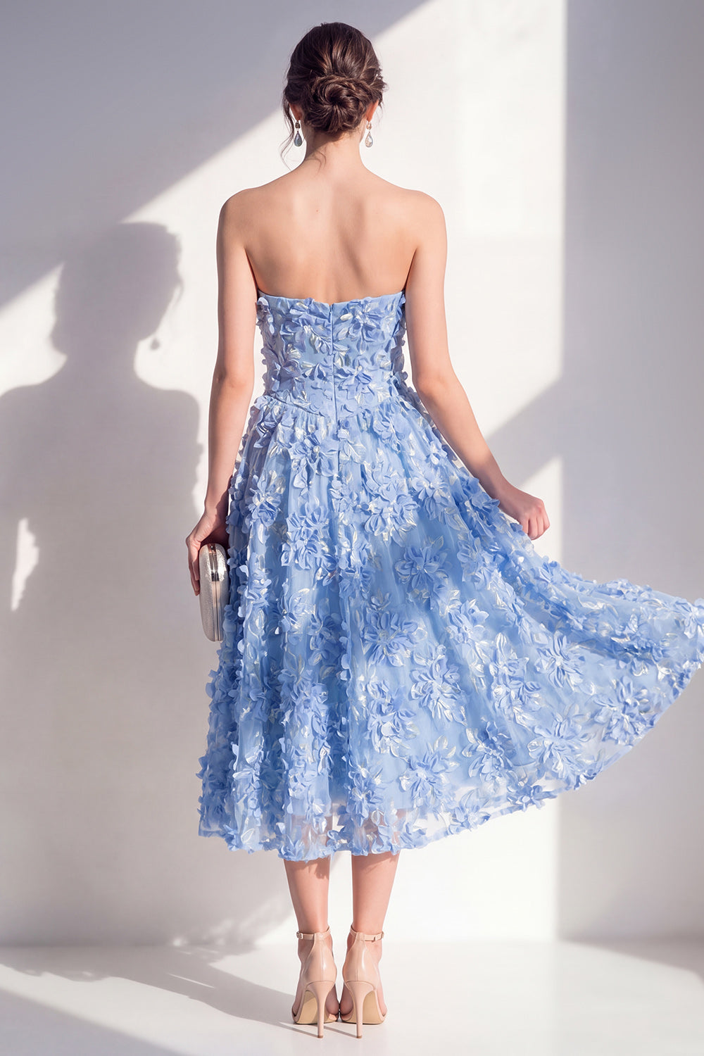 Blue A Line Strapless Maxi Wedding Guest Dress with 3D Flowers