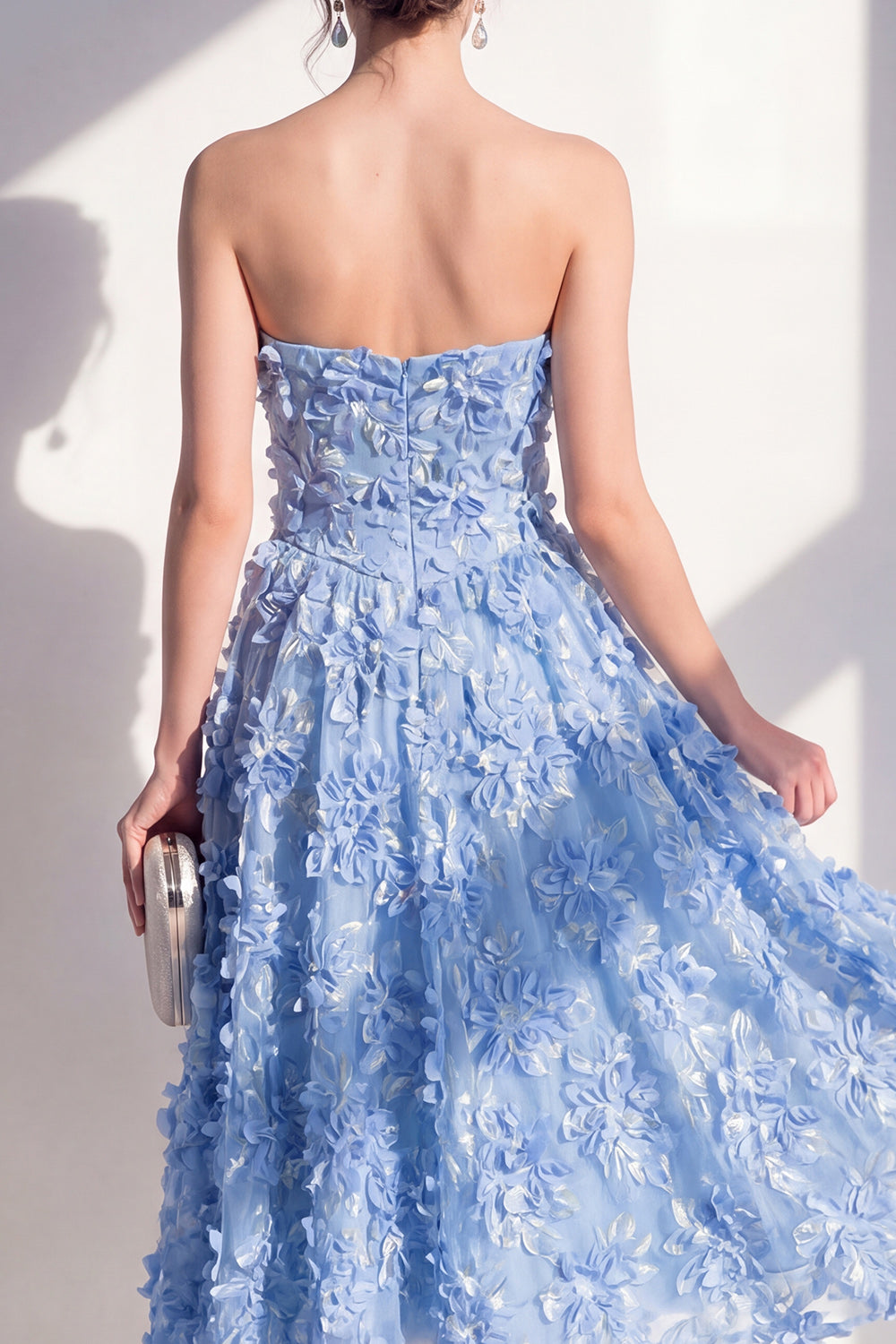 Blue A Line Strapless Maxi Wedding Guest Dress with 3D Flowers
