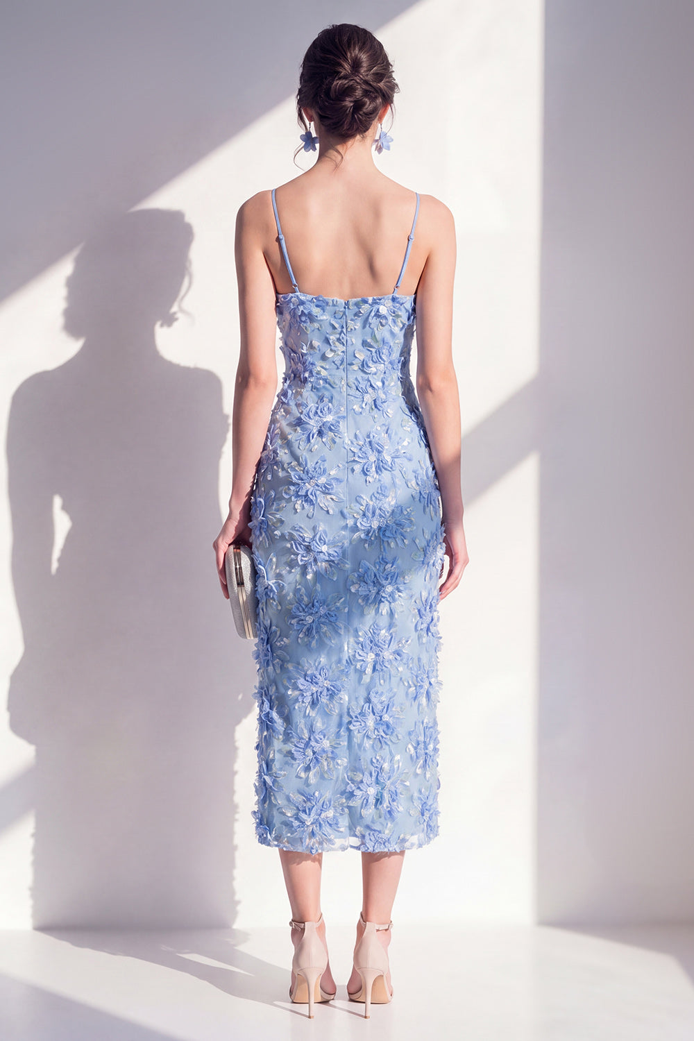 Blue Spaghetti Straps Floral Sheath Maxi Wedding Guest Dress with Slit