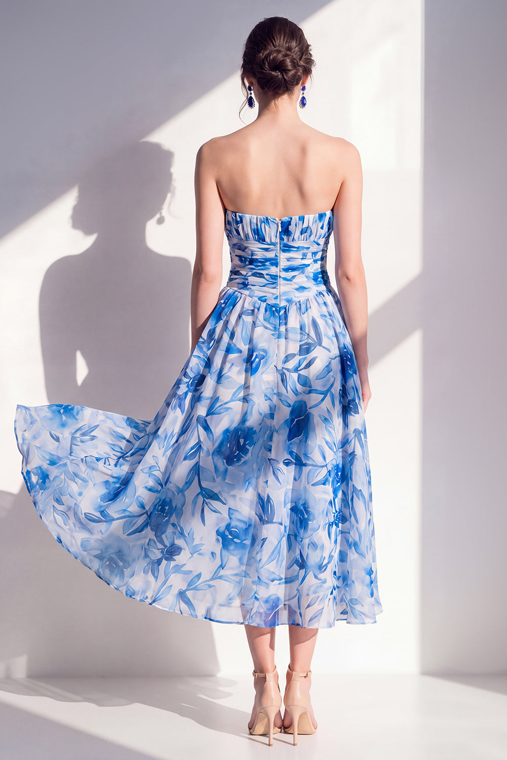 Blue Flower Strapless Printed Ruched A Line Long Beach Wedding Guest Dress