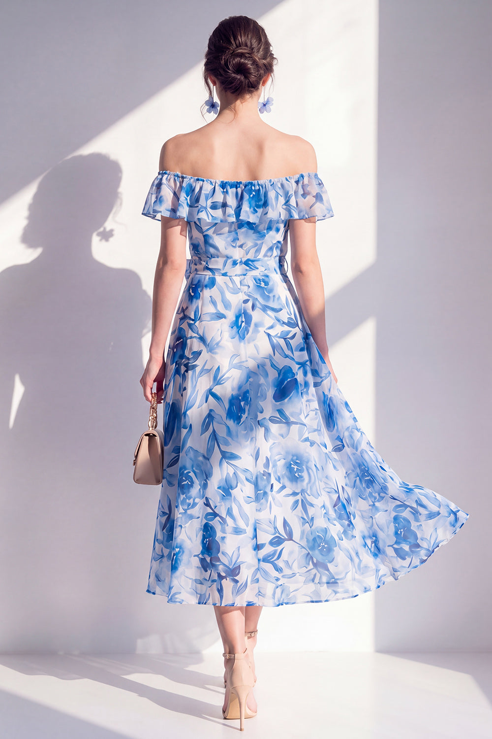 A Line Blue Flower Ruffled Off the Shoulder Maxi Beach Wedding Guest Dress with Bow