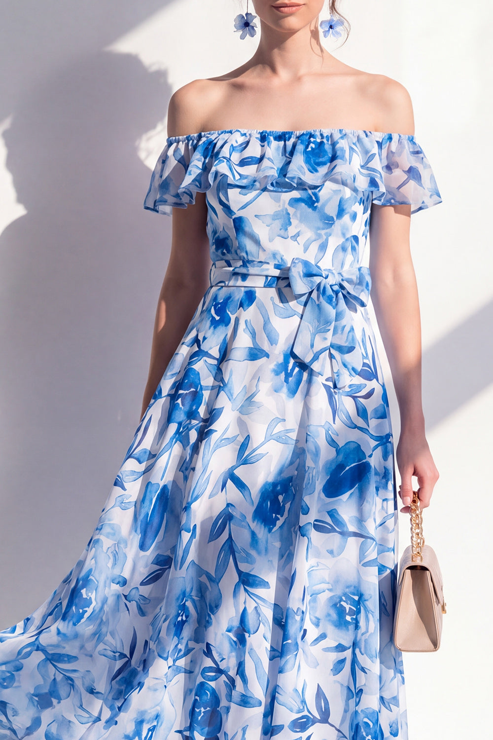 A Line Blue Flower Ruffled Off the Shoulder Maxi Beach Wedding Guest Dress with Bow