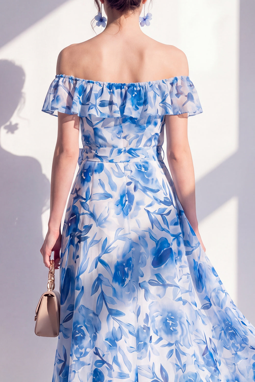 A Line Blue Flower Ruffled Off the Shoulder Maxi Beach Wedding Guest Dress with Bow