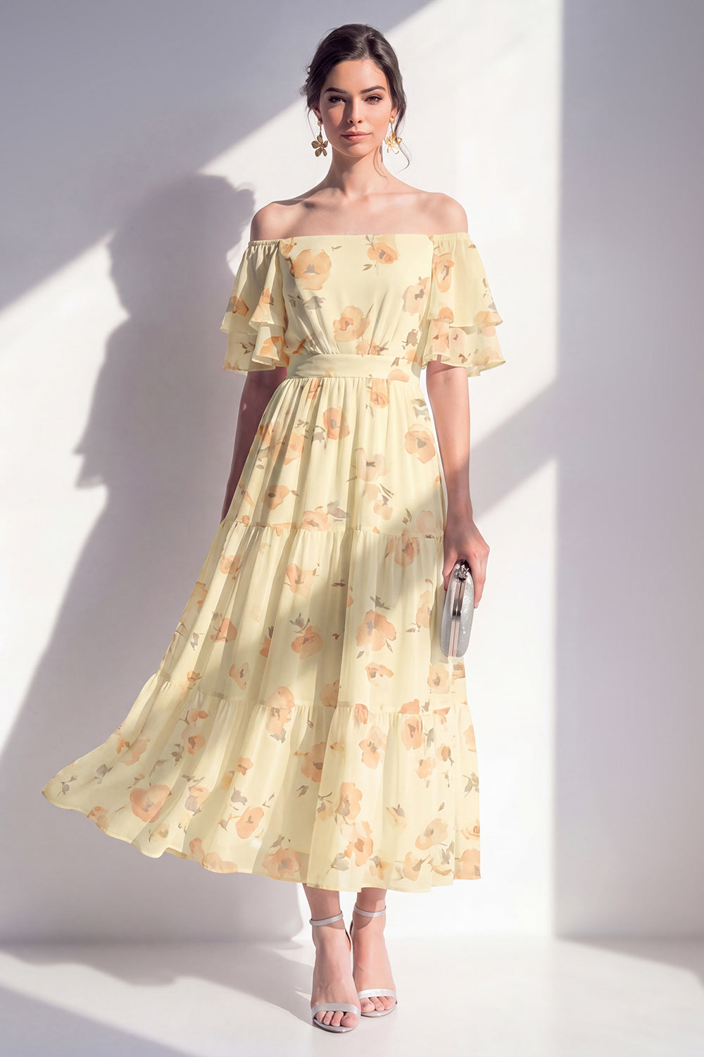 Floral Butter Yellow Off the Shoulder Toffled A Line Maxi Beach Wedding Guest Dress