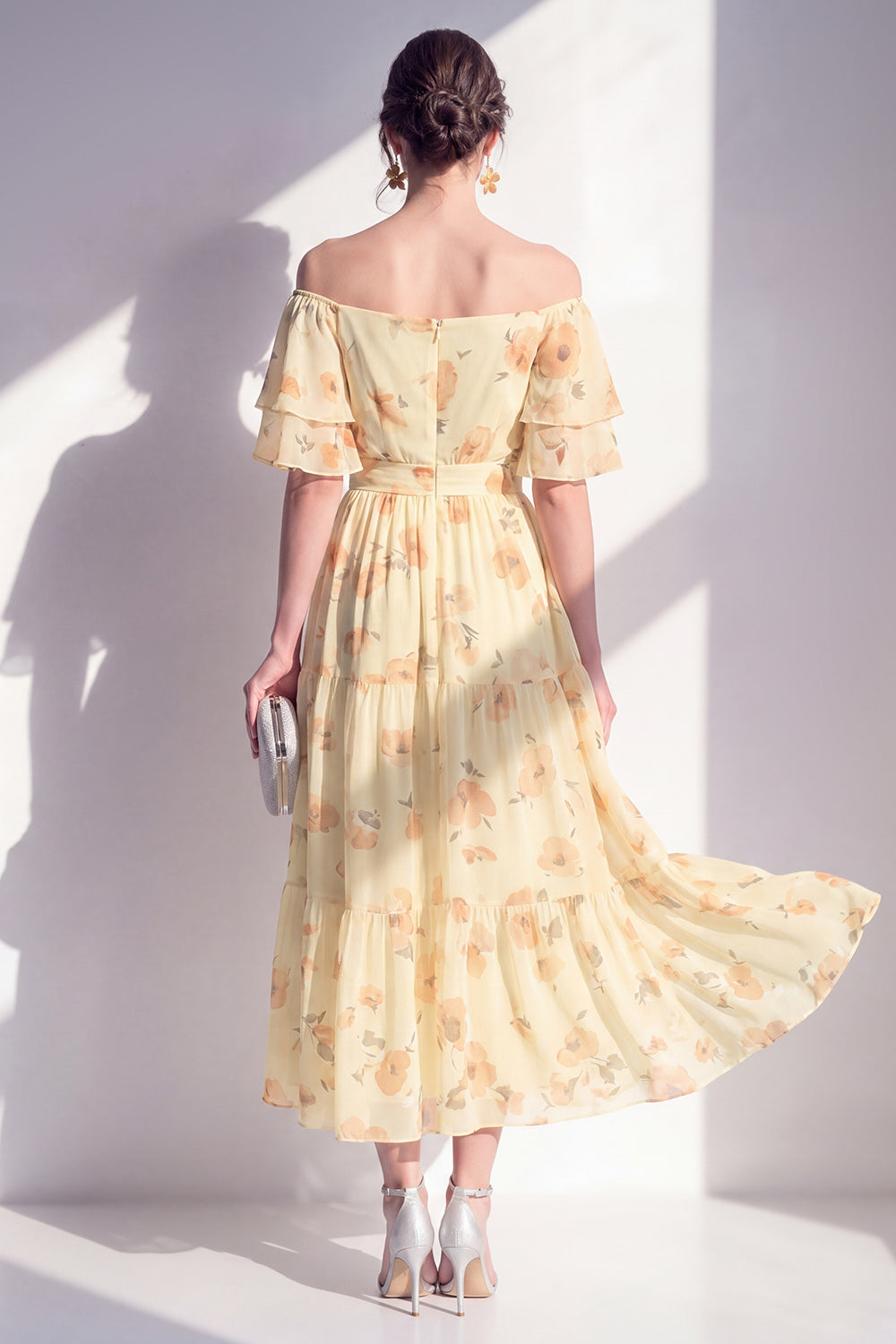 Floral Butter Yellow Off the Shoulder Toffled A Line Maxi Beach Wedding Guest Dress