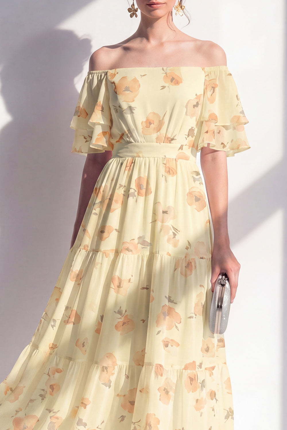 Floral Butter Yellow Off the Shoulder Toffled A Line Maxi Beach Wedding Guest Dress