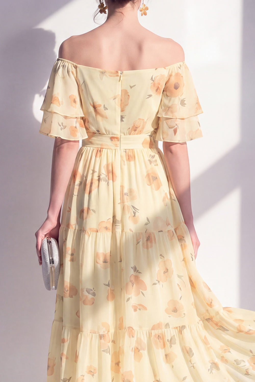 Floral Butter Yellow Off the Shoulder Toffled A Line Maxi Beach Wedding Guest Dress