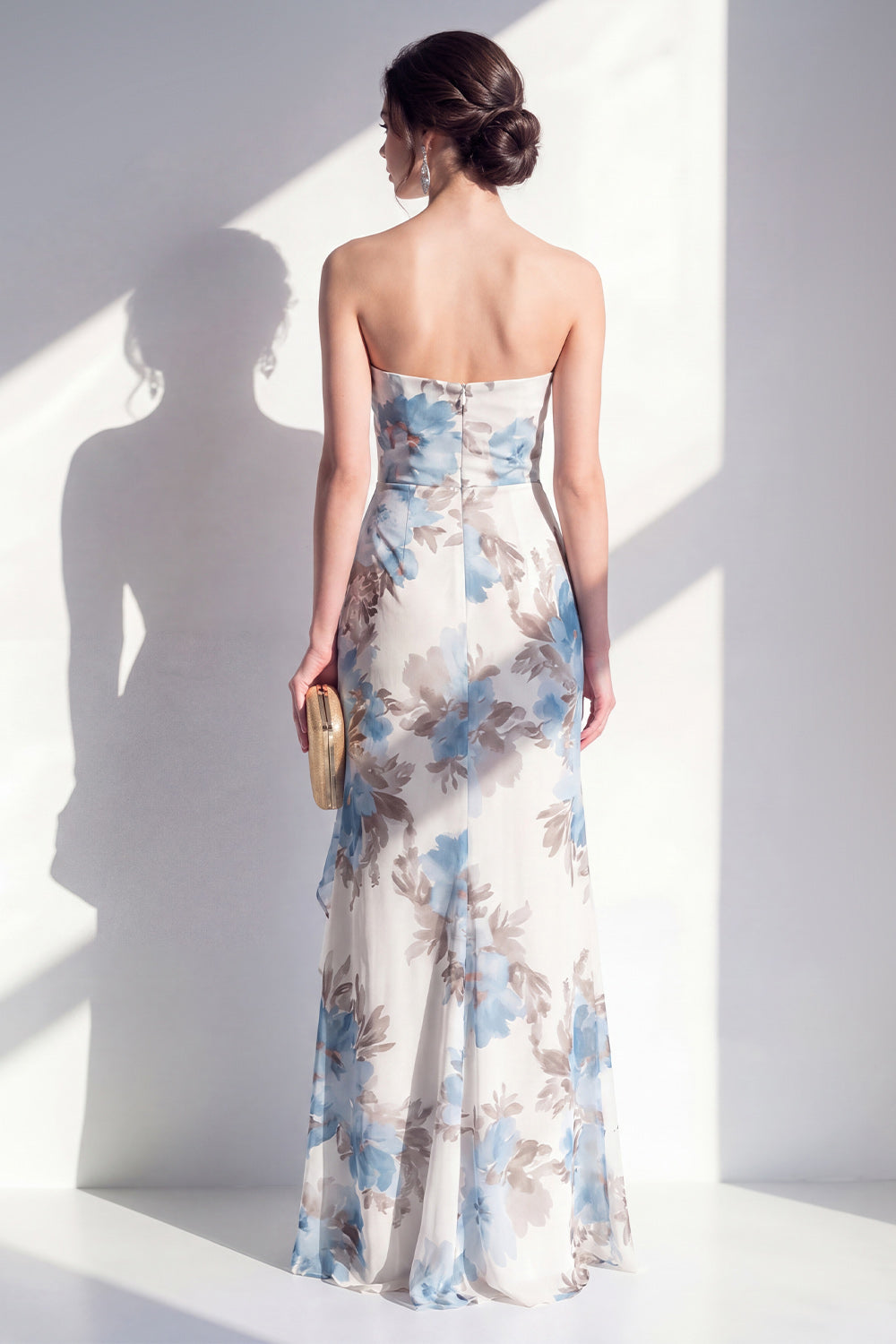 Blue Flower Mermaid Ruffled Beach Wedding Guest Dress with Slit