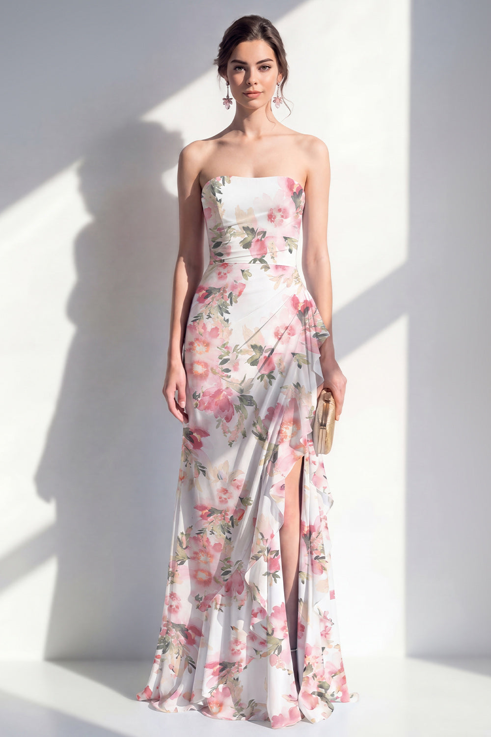 Blue Flower Mermaid Ruffled Beach Wedding Guest Dress with Slit