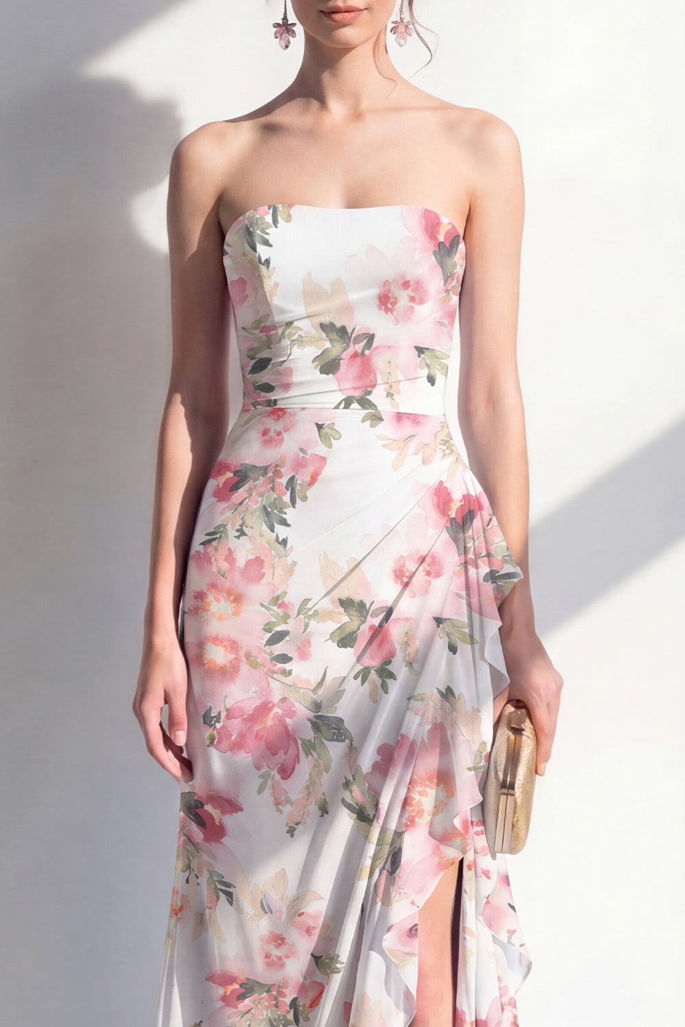 Blue Flower Mermaid Ruffled Beach Wedding Guest Dress with Slit