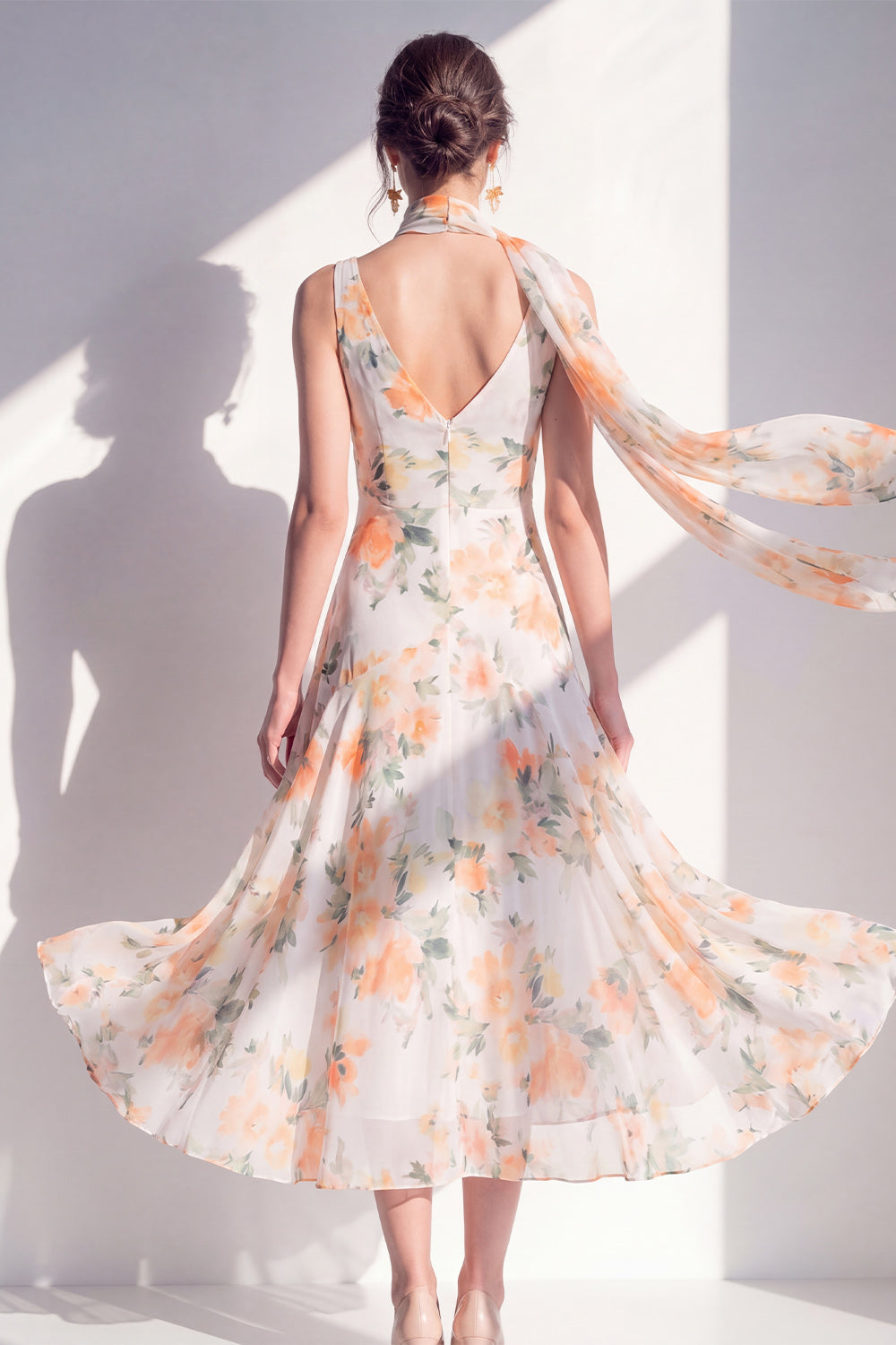 Blue Flower Neck Scraf A Line V-Neck Long Beach Wedding Guest Dress