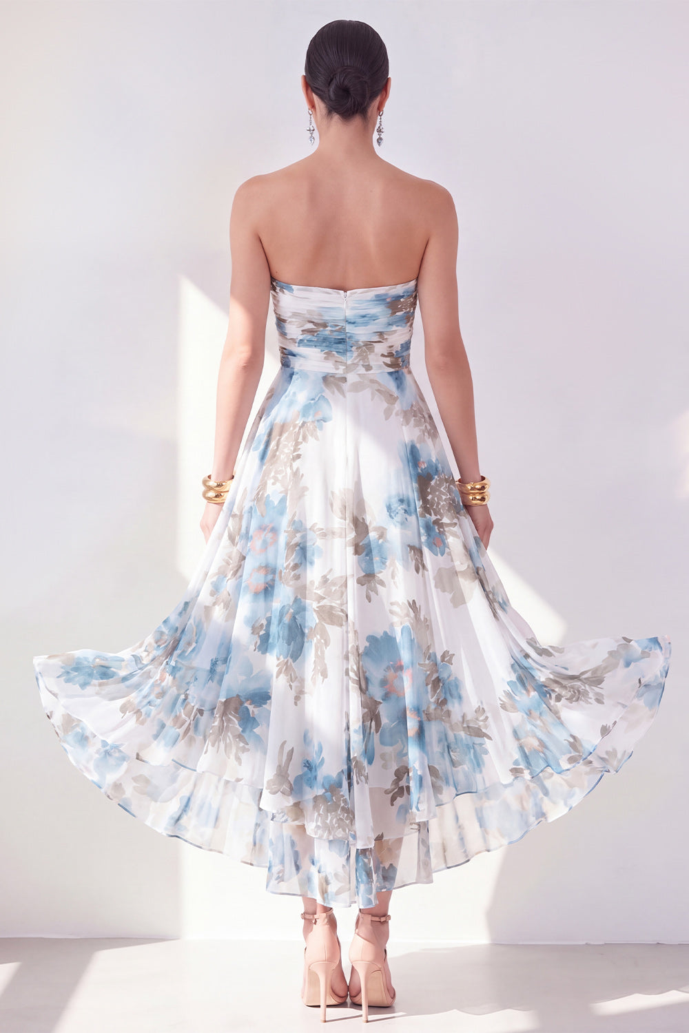 Blue Flower Ruched Strapless A Line Long Beach Wedding Guest Dress