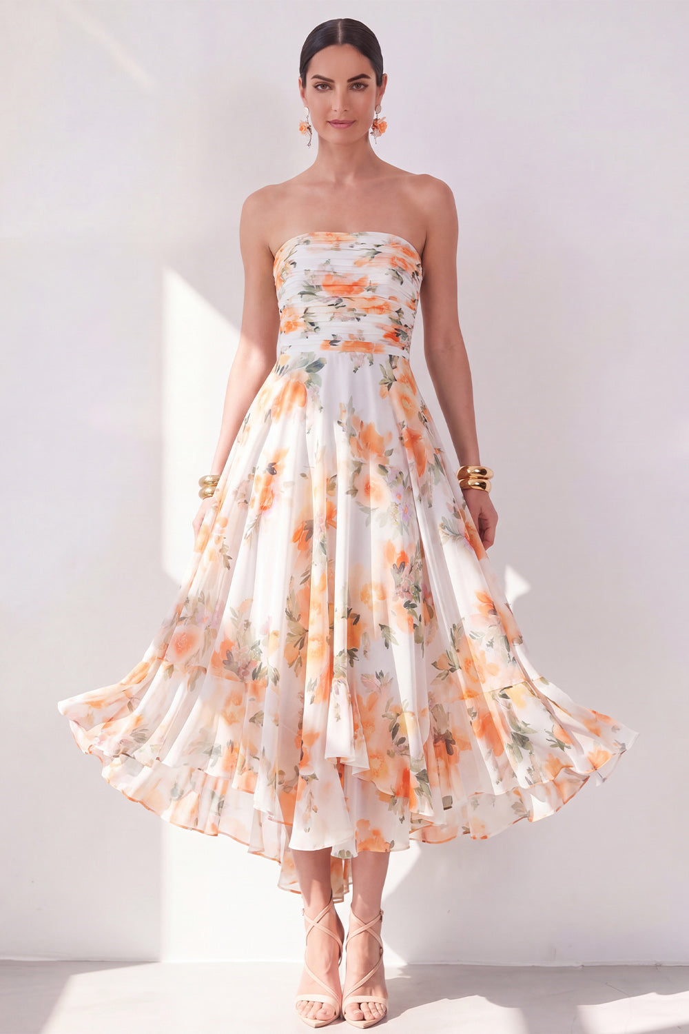 Blue Flower Ruched Strapless A Line Long Beach Wedding Guest Dress