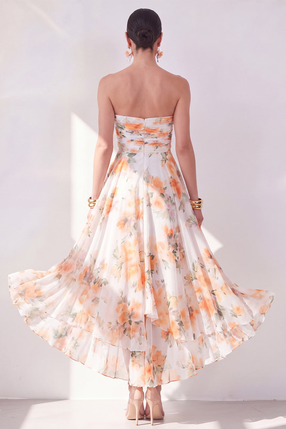 Blue Flower Ruched Strapless A Line Long Beach Wedding Guest Dress
