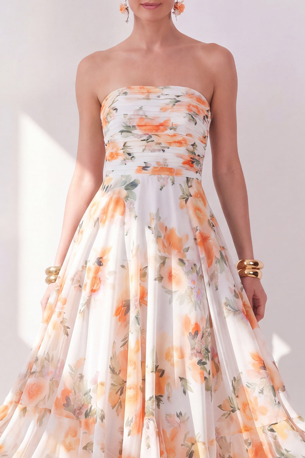 Blue Flower Ruched Strapless A Line Long Beach Wedding Guest Dress