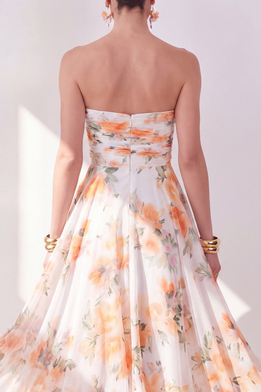 Blue Flower Ruched Strapless A Line Long Beach Wedding Guest Dress
