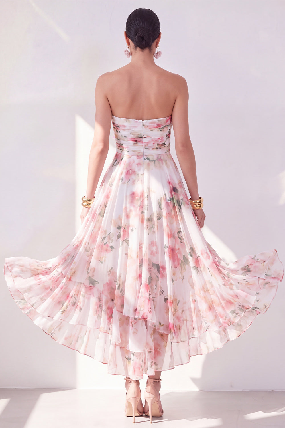 Blue Flower Ruched Strapless A Line Long Beach Wedding Guest Dress