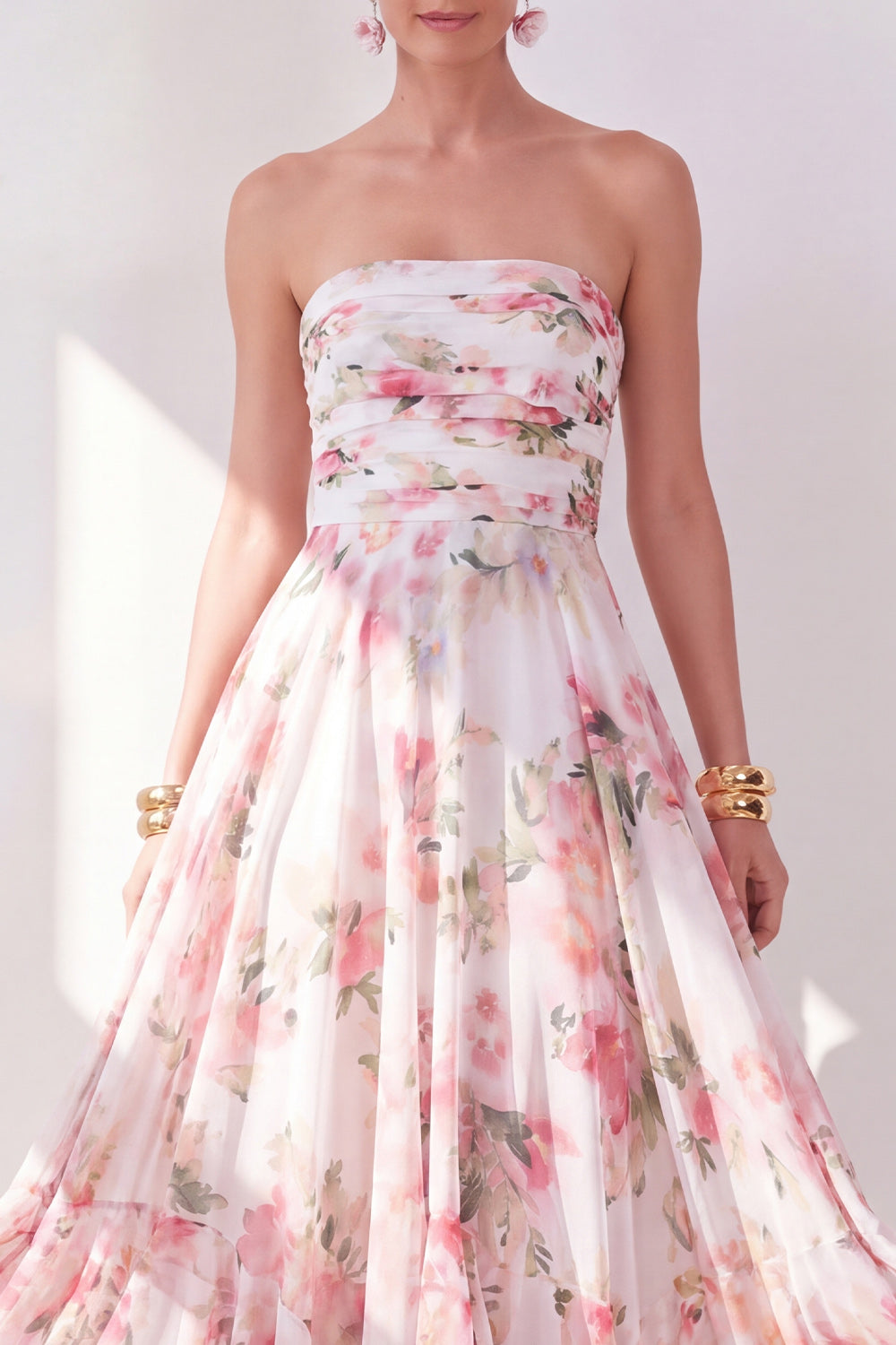Blue Flower Ruched Strapless A Line Long Beach Wedding Guest Dress