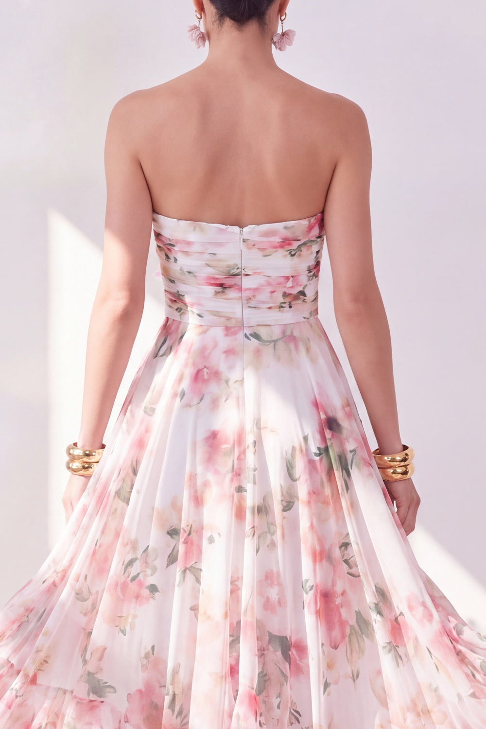 Blue Flower Ruched Strapless A Line Long Beach Wedding Guest Dress