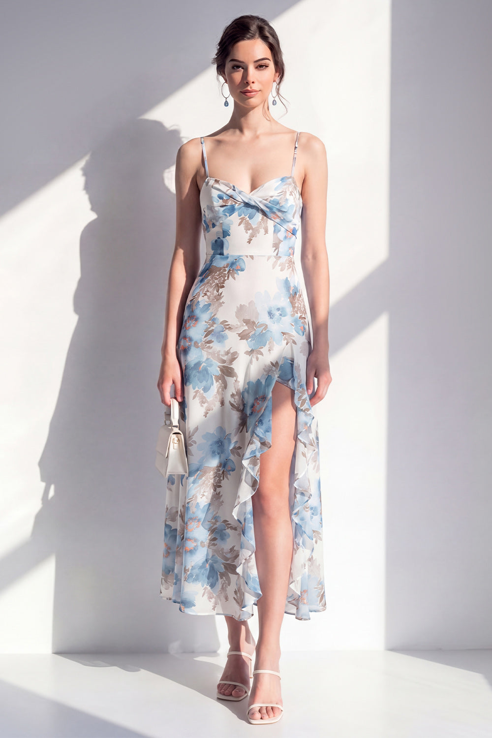Orange Flower Ruffled Sheath Long Wedding Guest Dress with Slit