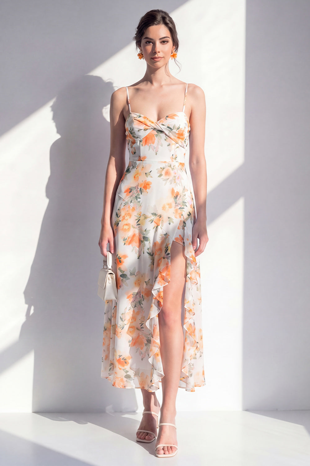 Orange Flower Ruffled Sheath Long Wedding Guest Dress with Slit