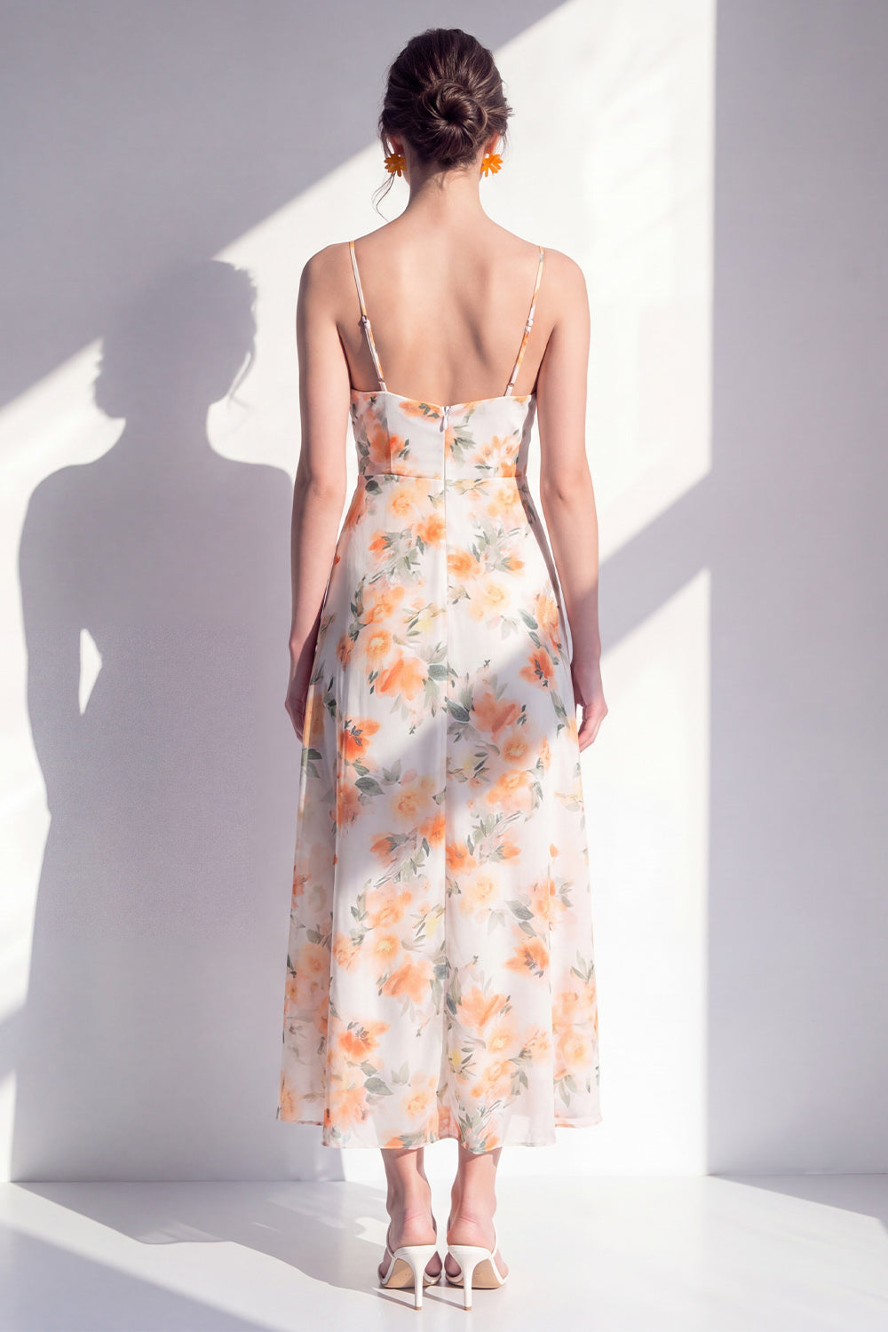 Orange Flower Ruffled Sheath Long Wedding Guest Dress with Slit
