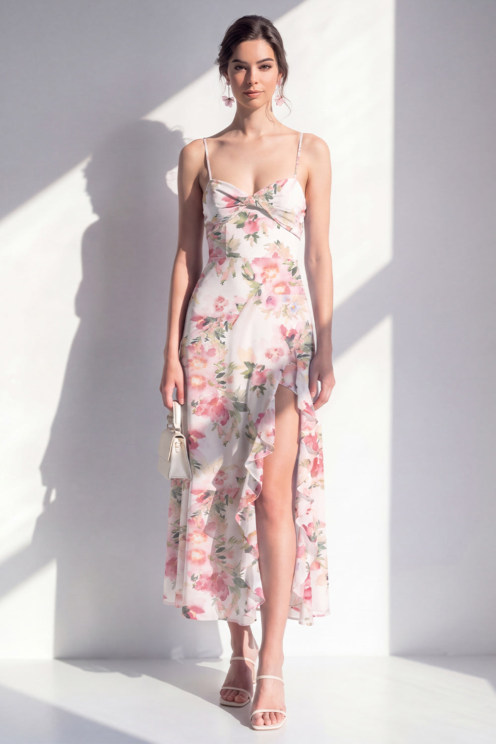 Orange Flower Ruffled Sheath Long Wedding Guest Dress with Slit