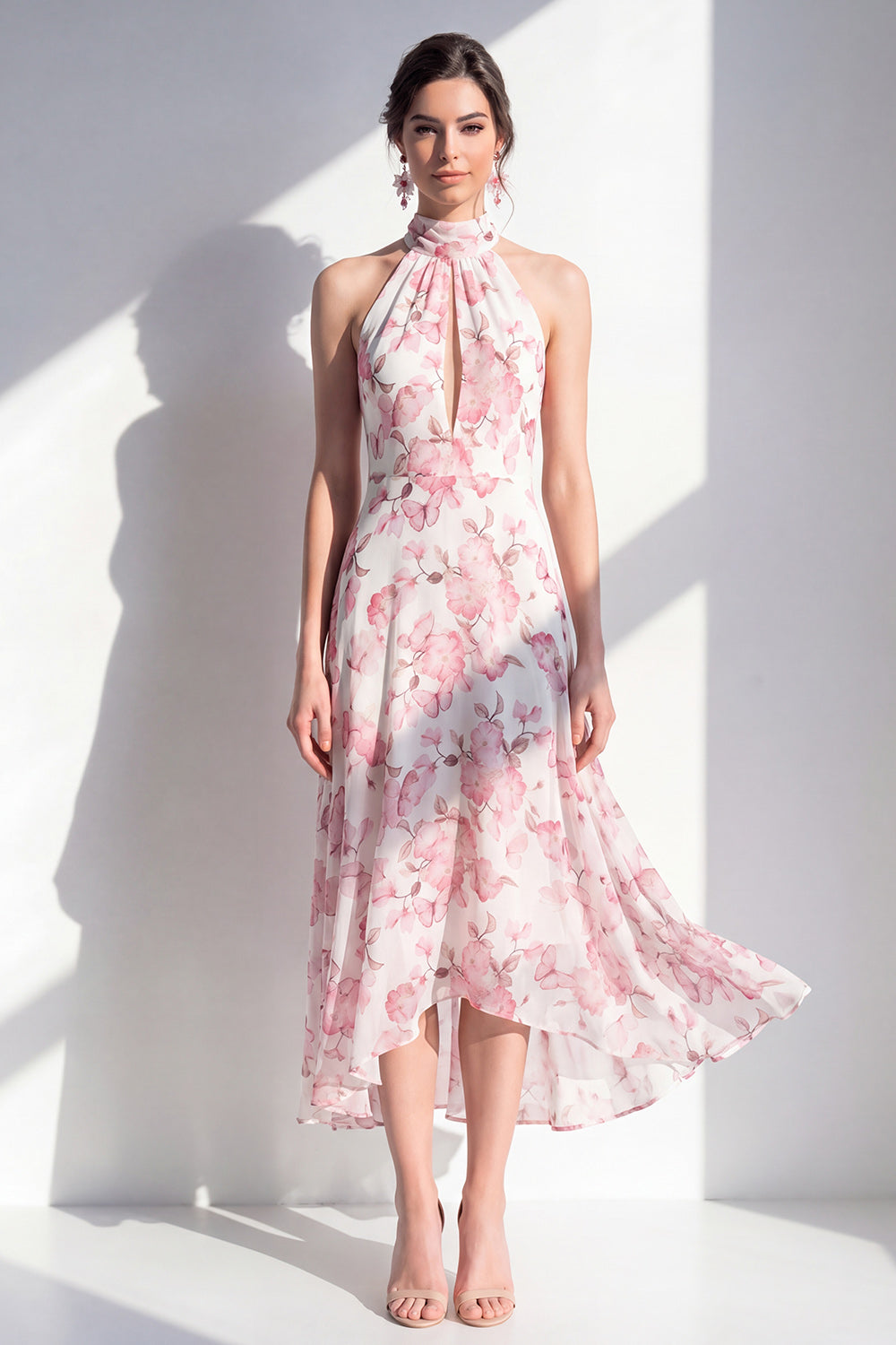 Pink Flower High Neck A Line Maxi Beach Wedding Guest Dress with Keyhole