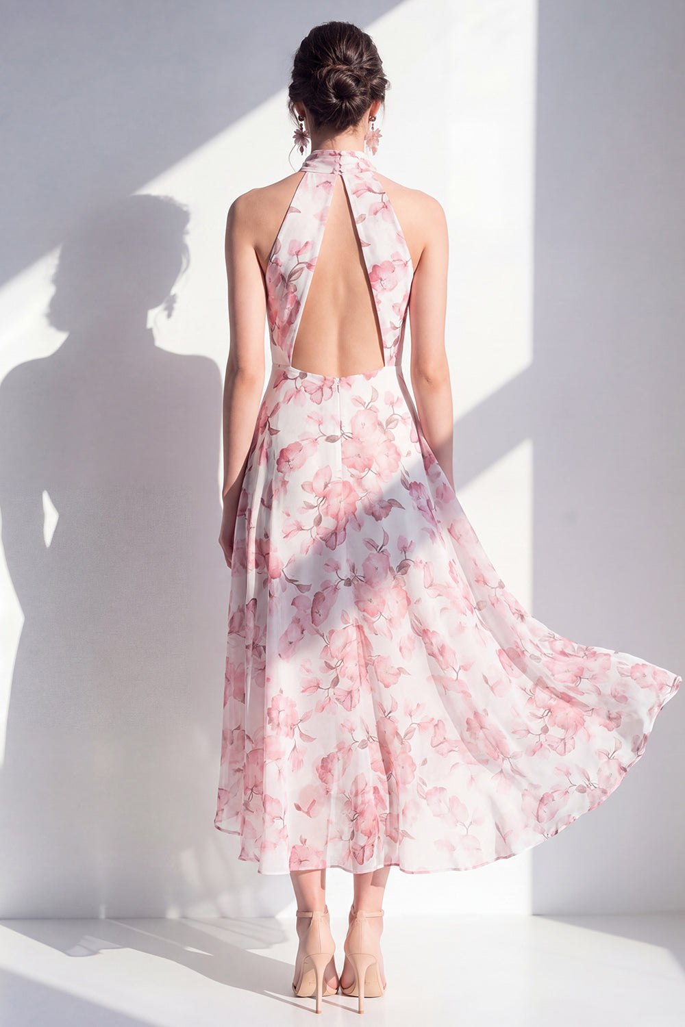 Pink Flower High Neck A Line Maxi Beach Wedding Guest Dress with Keyhole