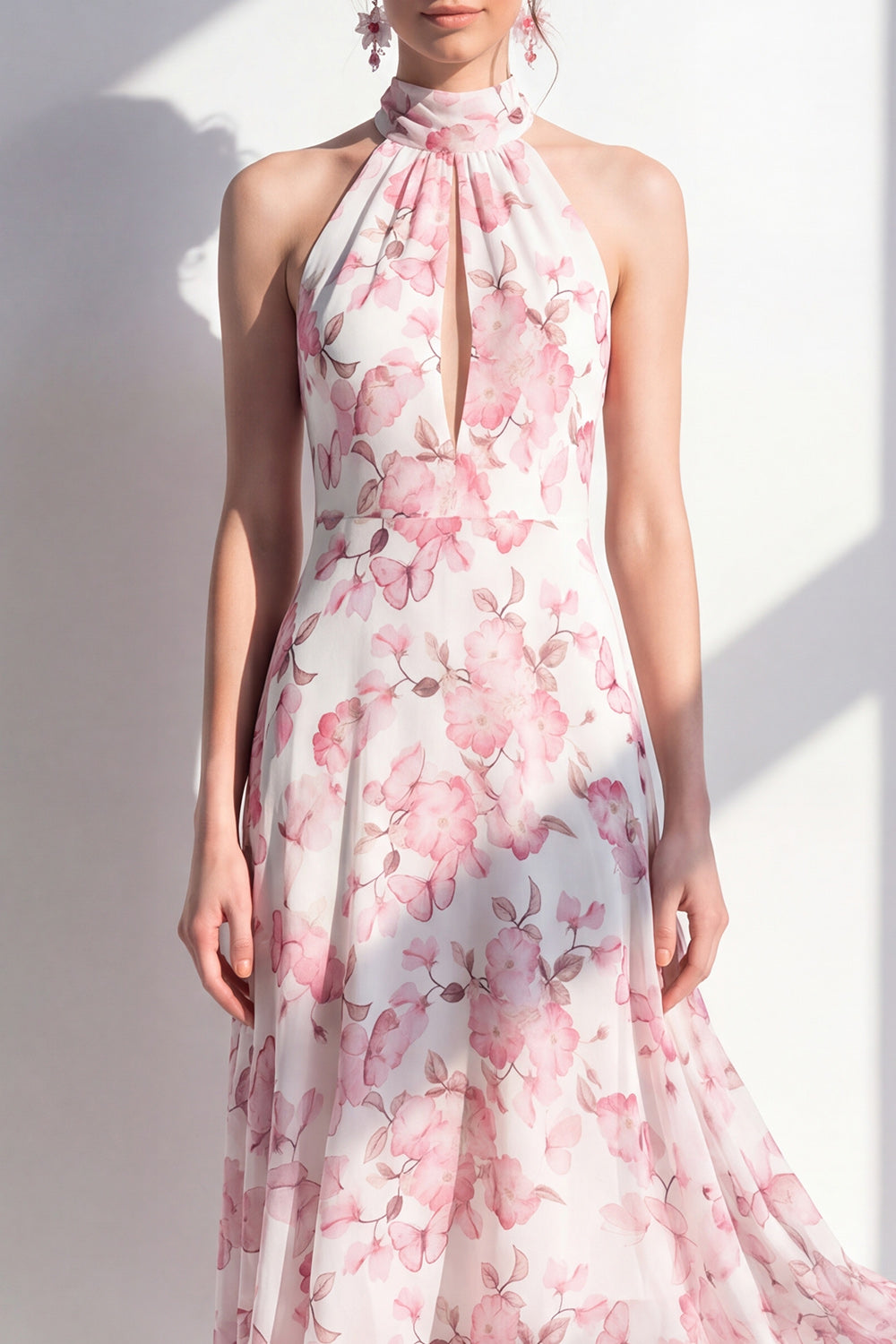 Pink Flower High Neck A Line Maxi Beach Wedding Guest Dress with Keyhole