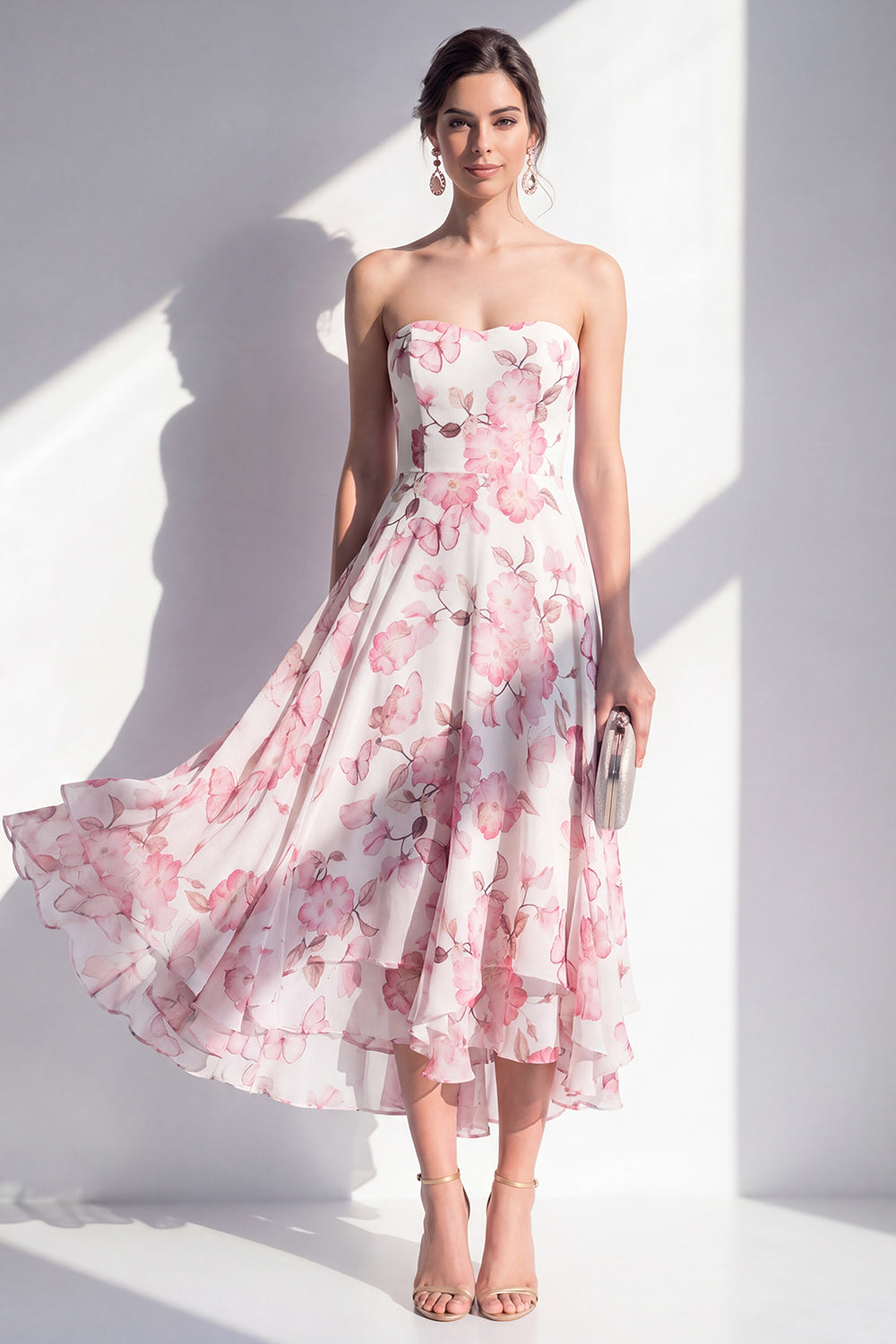Pink Flower Ruffled A Line Strapless Long Beach Wedding Guest Dress