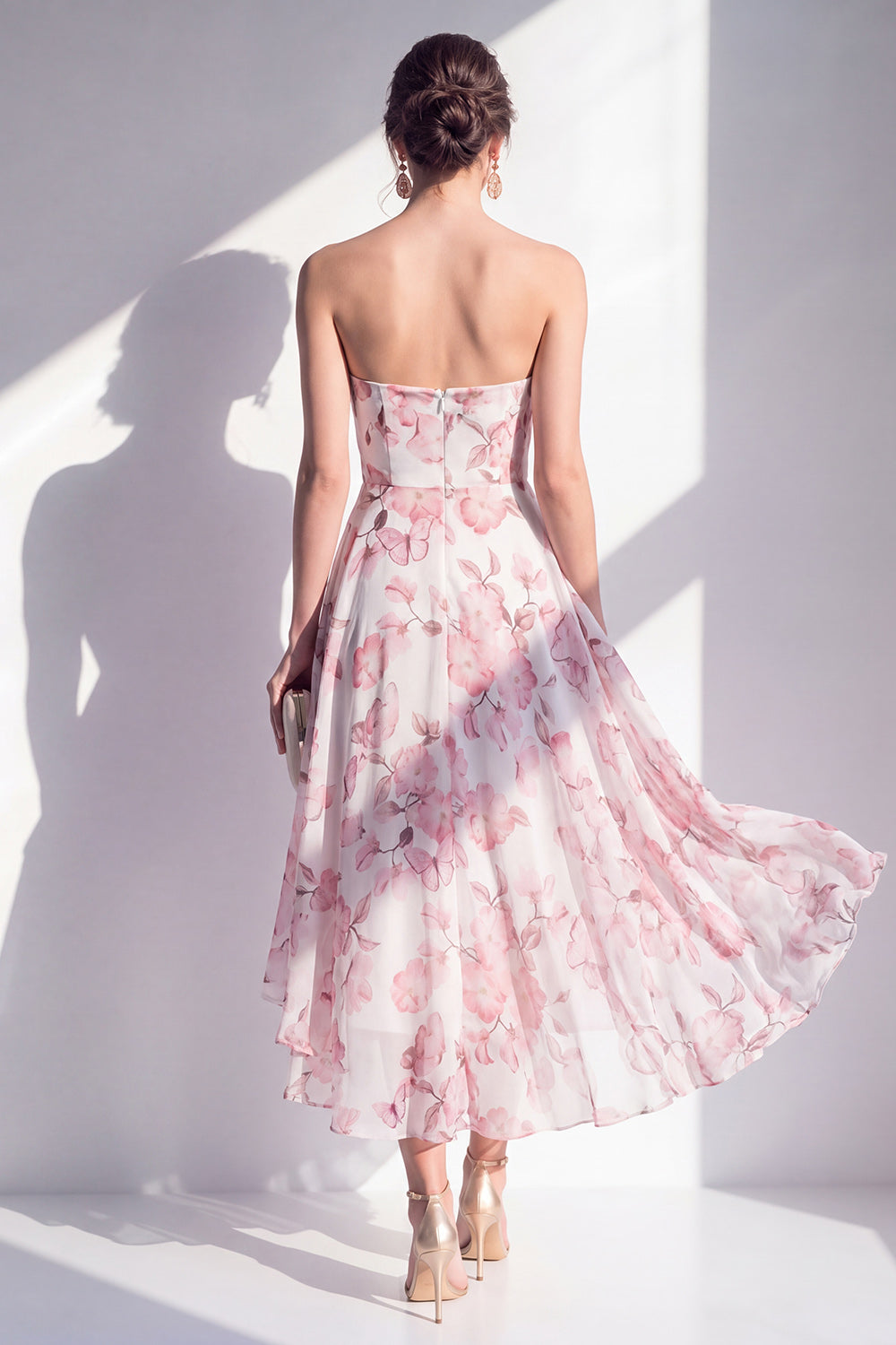 Pink Flower Ruffled A Line Strapless Long Beach Wedding Guest Dress