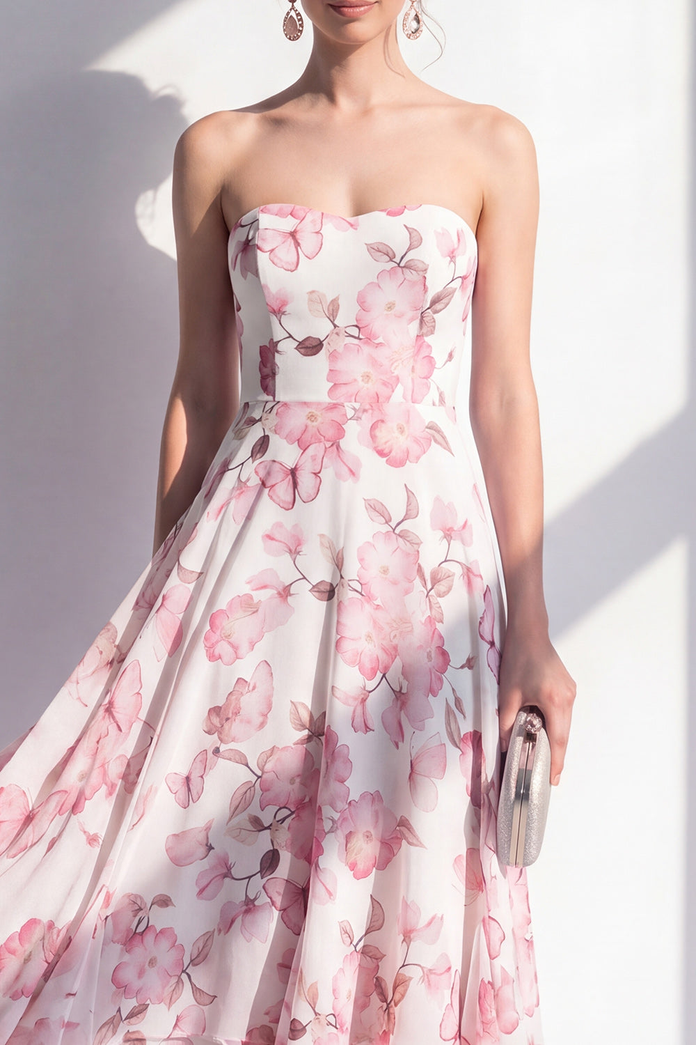 Pink Flower Ruffled A Line Strapless Long Beach Wedding Guest Dress