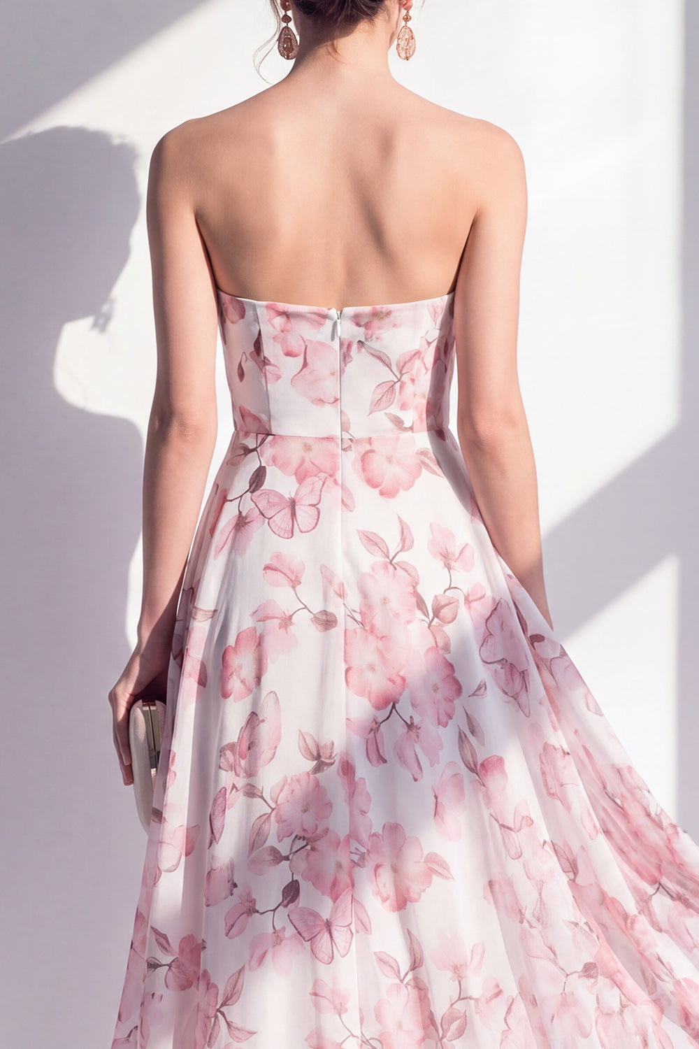Pink Flower Ruffled A Line Strapless Long Beach Wedding Guest Dress
