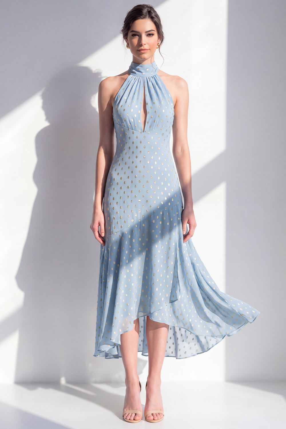 Blue High Neck A Line Long Beach Wedding Guest Dress with Keyhole