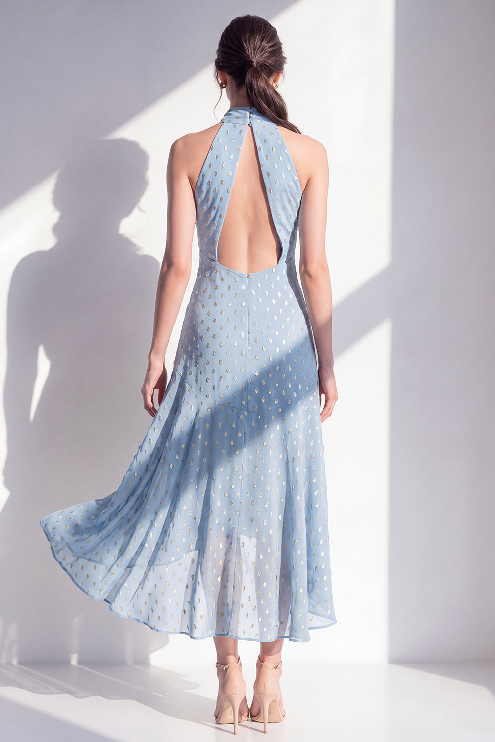 Blue High Neck A Line Long Beach Wedding Guest Dress with Keyhole