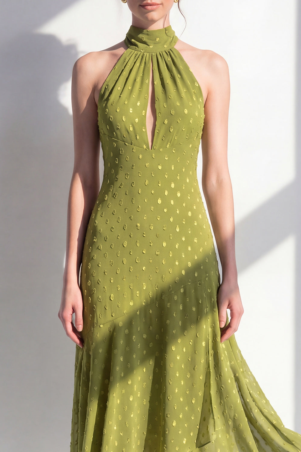 Blue High Neck A Line Long Beach Wedding Guest Dress with Keyhole