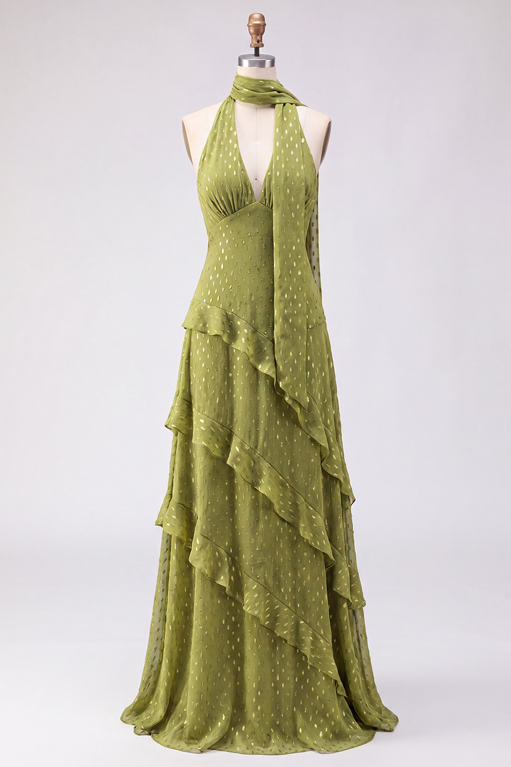 Olive Halter Ruffled A Line Backless Maxi Beach Wedding Guest Dress