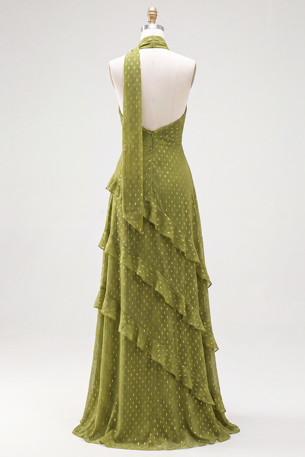 Olive Halter Ruffled A Line Backless Maxi Beach Wedding Guest Dress