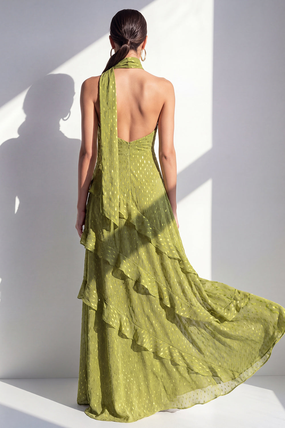 Olive Halter Ruffled A Line Backless Maxi Beach Wedding Guest Dress