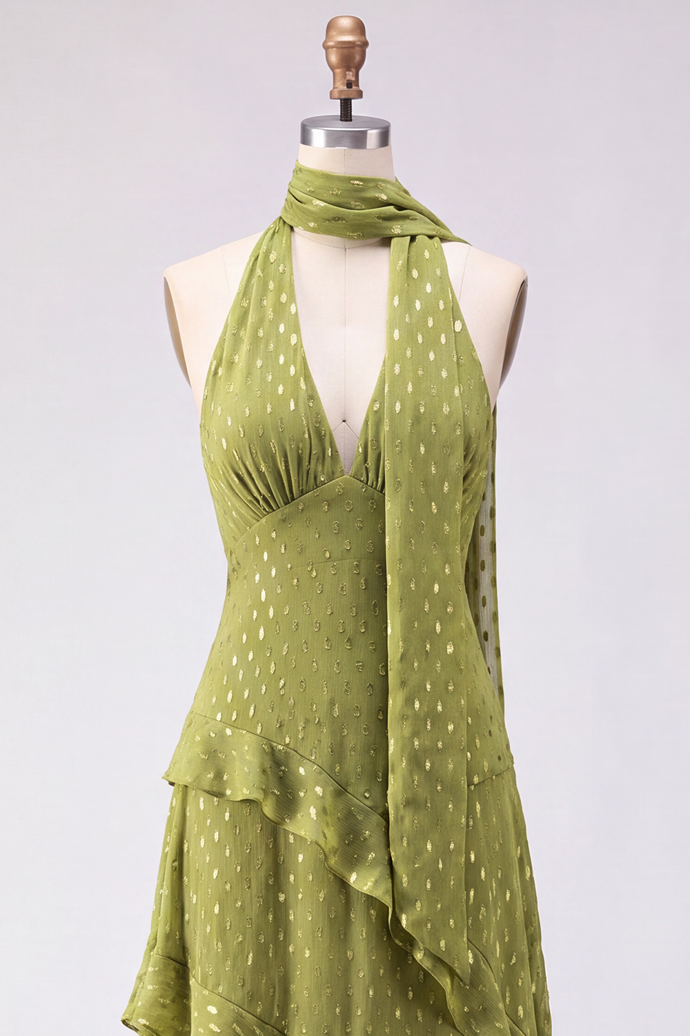 Olive Halter Ruffled A Line Backless Maxi Beach Wedding Guest Dress