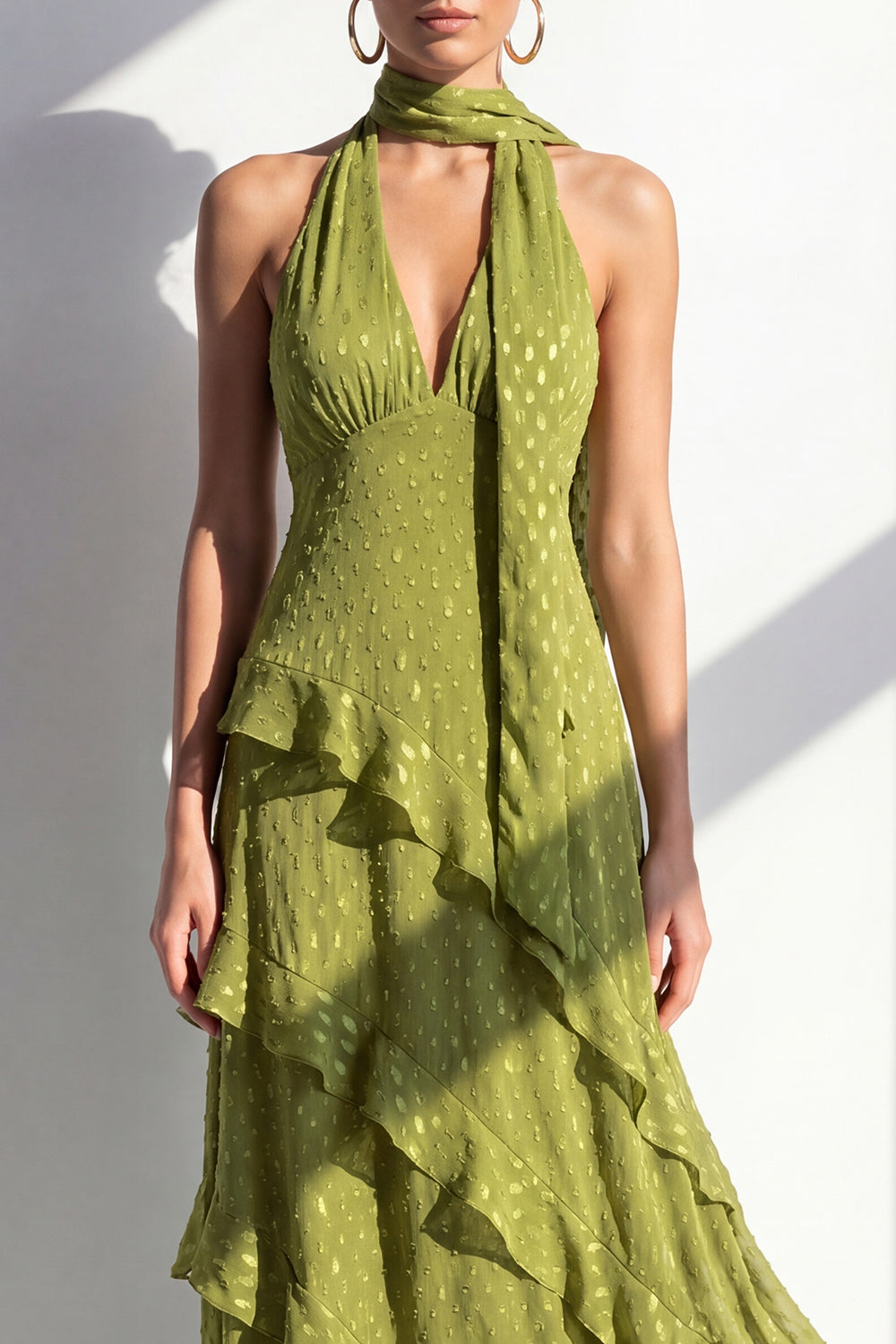 Olive Halter Ruffled A Line Backless Maxi Beach Wedding Guest Dress
