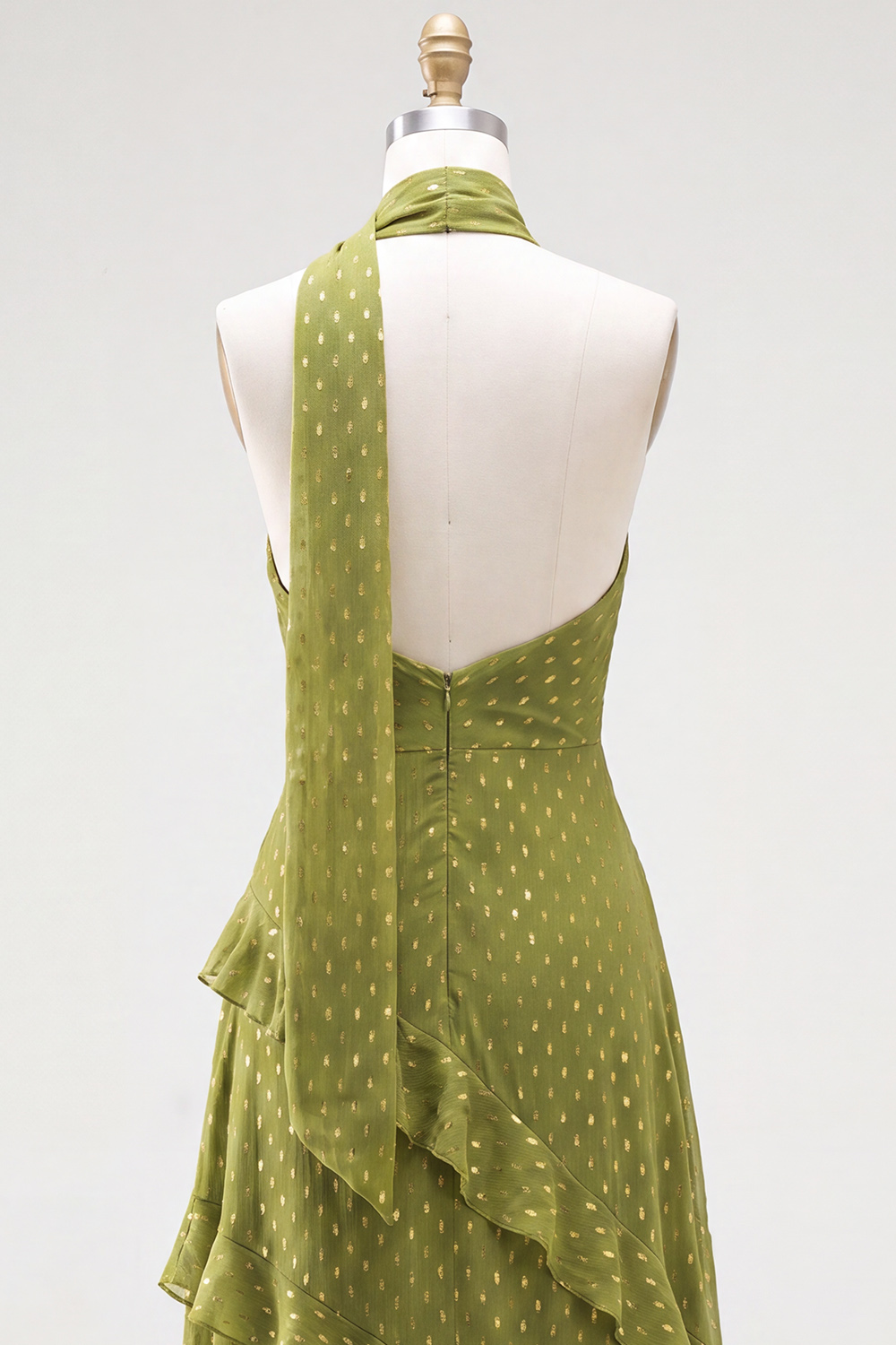 Olive Halter Ruffled A Line Backless Maxi Beach Wedding Guest Dress
